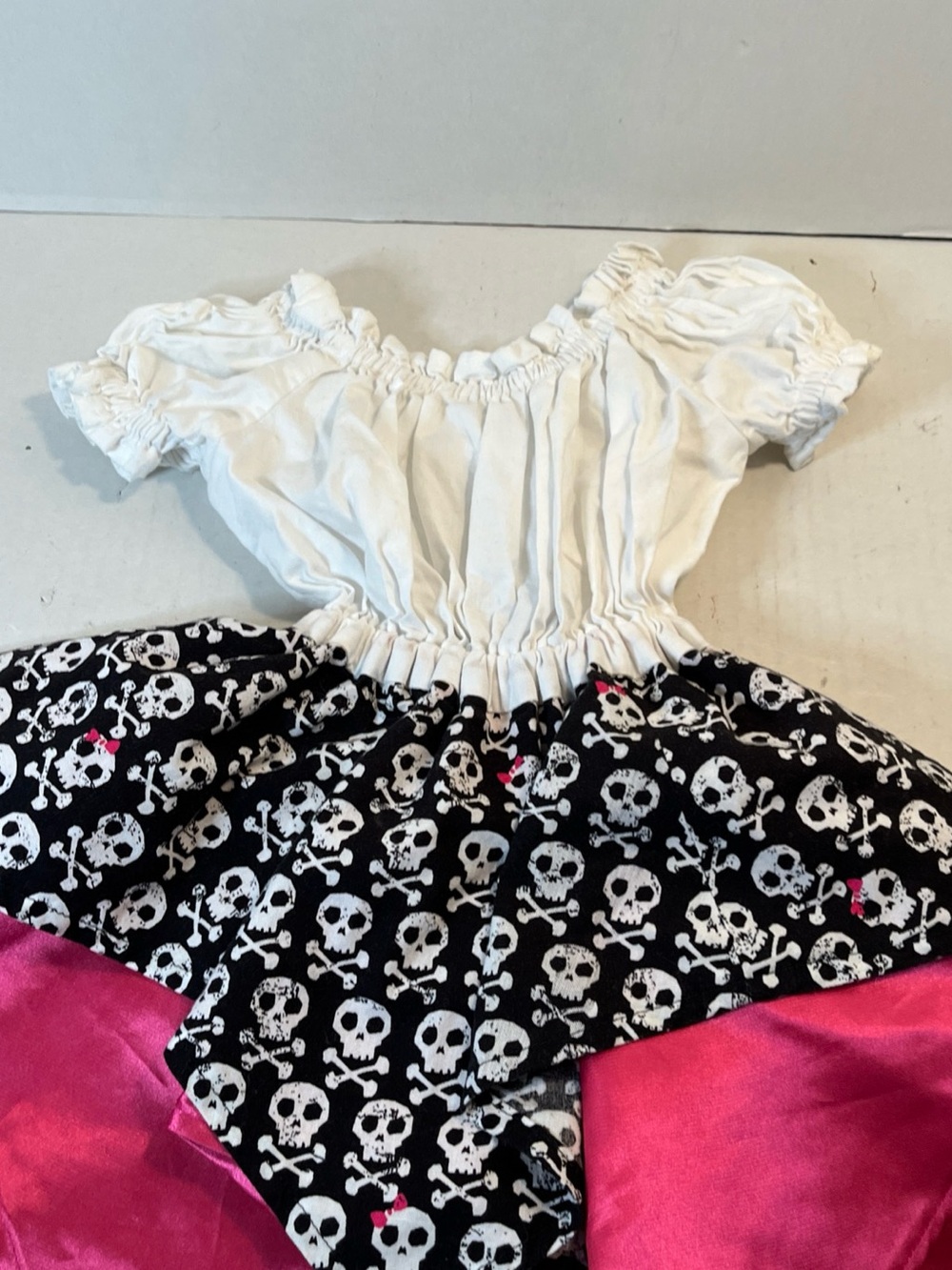 Girls White and Black Skull Print Halloween Costume Dress with Pink Accents